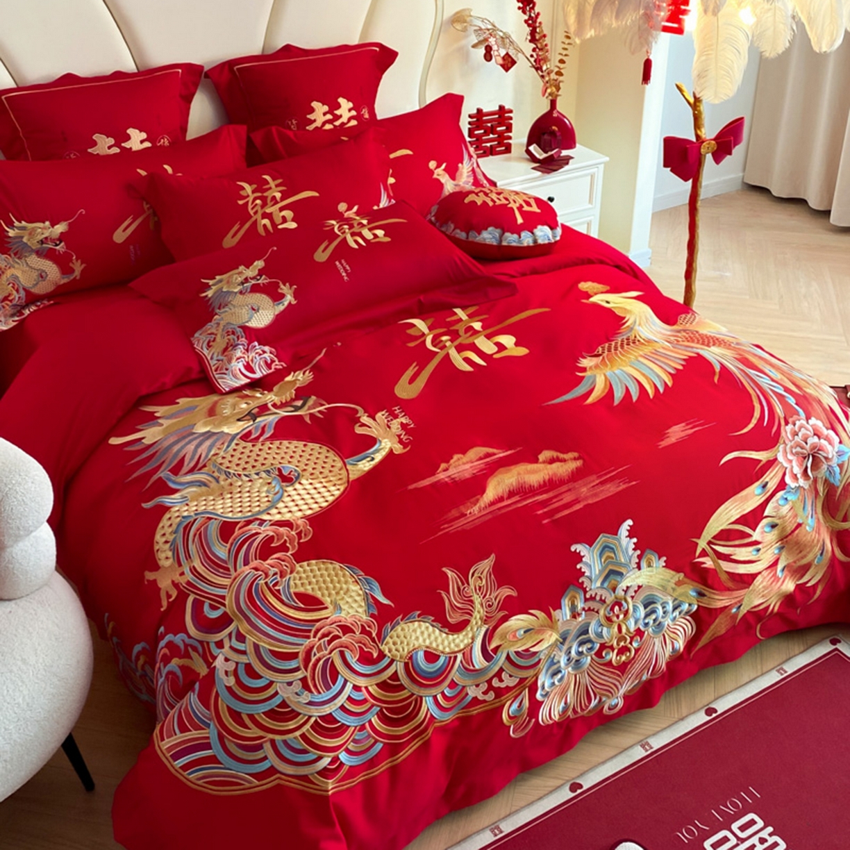 91家纺网 家纺一手货源 找家纺 博纳家纺 2025新款亲肤棉婚庆绣花款四件套 龙凤大喜