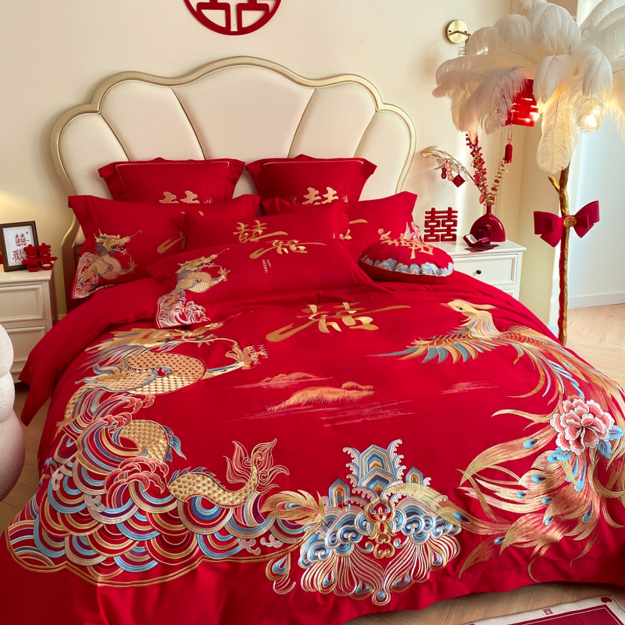 91家纺网 家纺一手货源 找家纺 博纳家纺 2025新款亲肤棉婚庆绣花款四件套 龙凤大喜