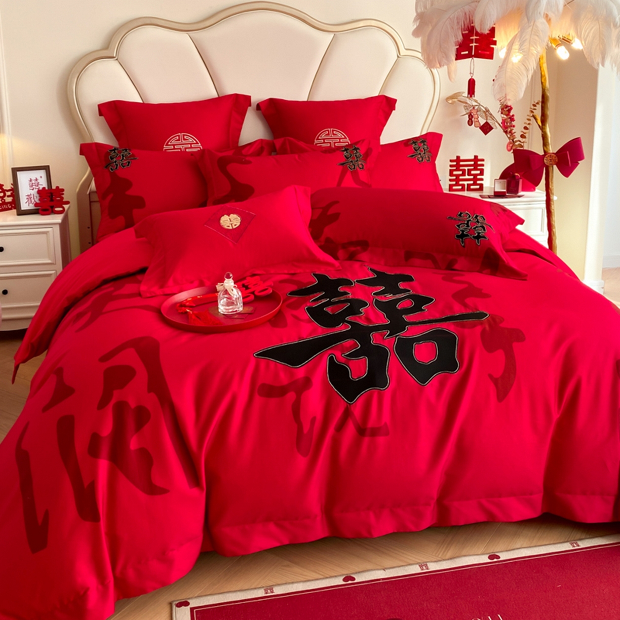 91家纺网 家纺一手货源 找家纺 博纳家纺 2025新款亲肤棉婚庆绣花款四件套 吾家大喜