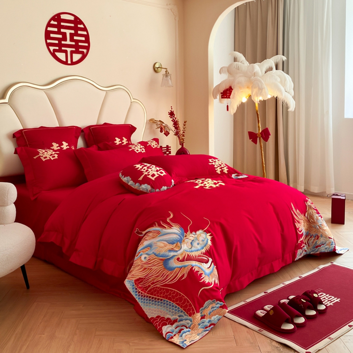 91家纺网 家纺一手货源 找家纺 博纳家纺 2025新款亲肤棉婚庆绣花款四件套 龙凤呈祥