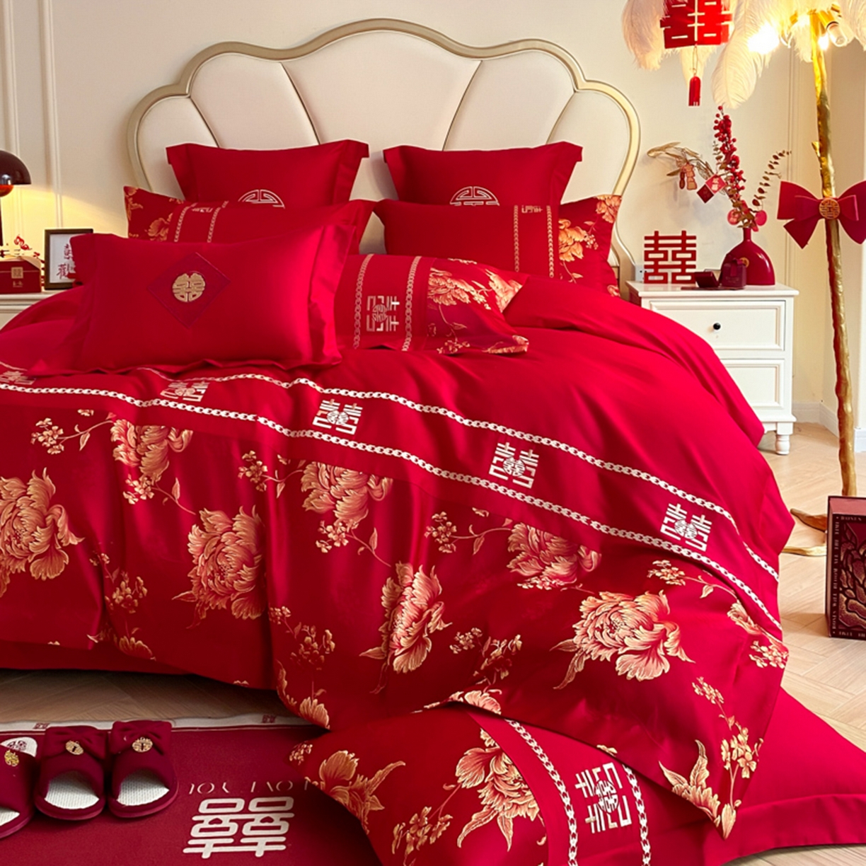 91家纺网 家纺一手货源 找家纺 博纳家纺 2025新款亲肤棉婚庆绣花款四件套 富贵传承