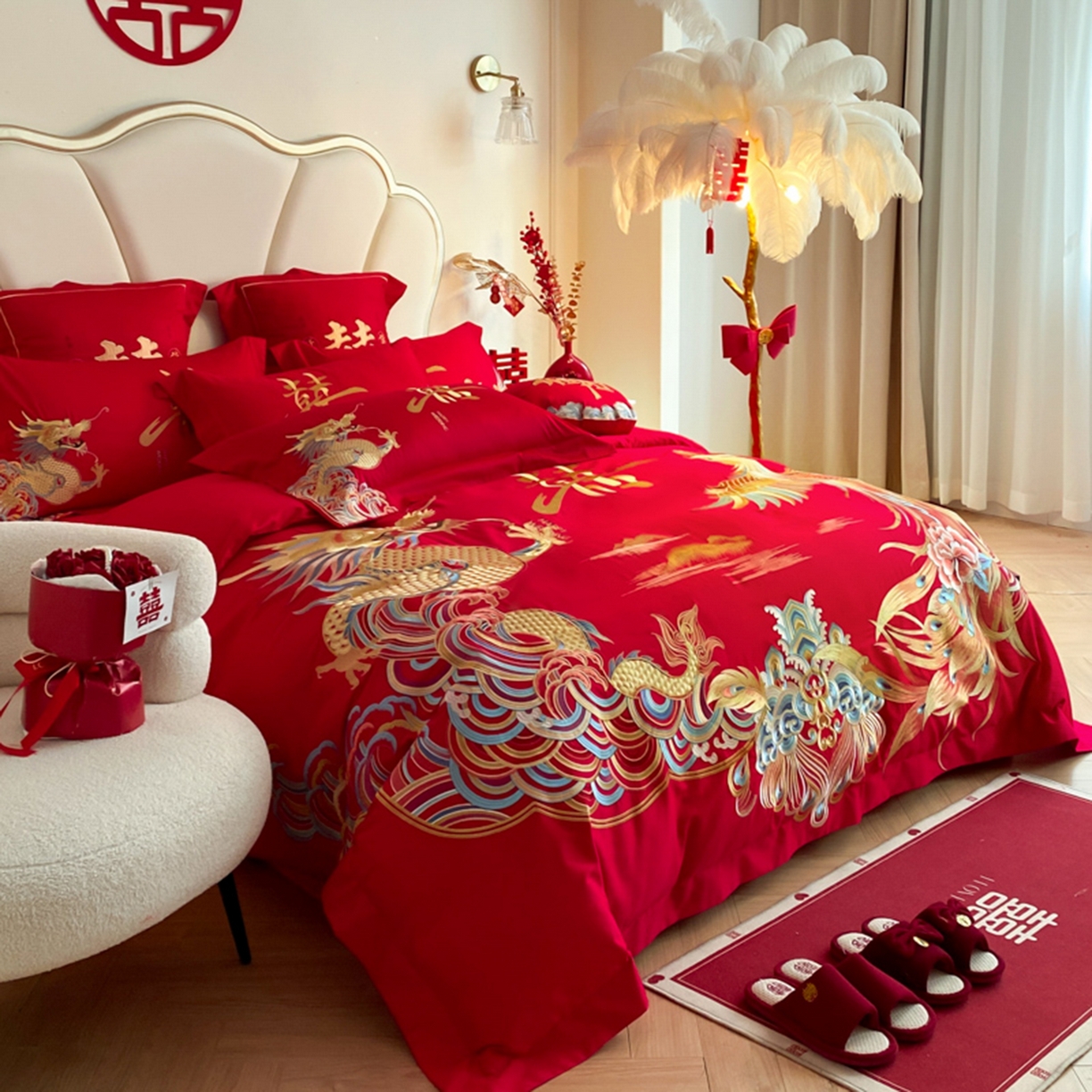 91家纺网 家纺一手货源 找家纺 博纳家纺 2025新款亲肤棉婚庆绣花款四件套 龙凤大喜