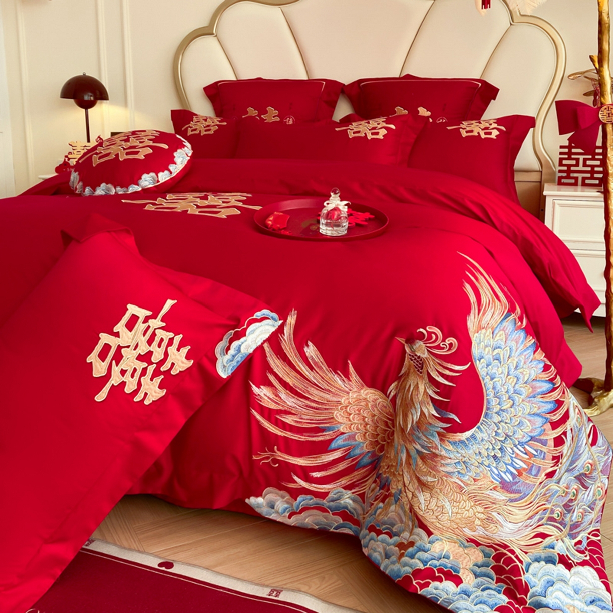 91家纺网 家纺一手货源 找家纺 博纳家纺 2025新款亲肤棉婚庆绣花款四件套 龙凤呈祥