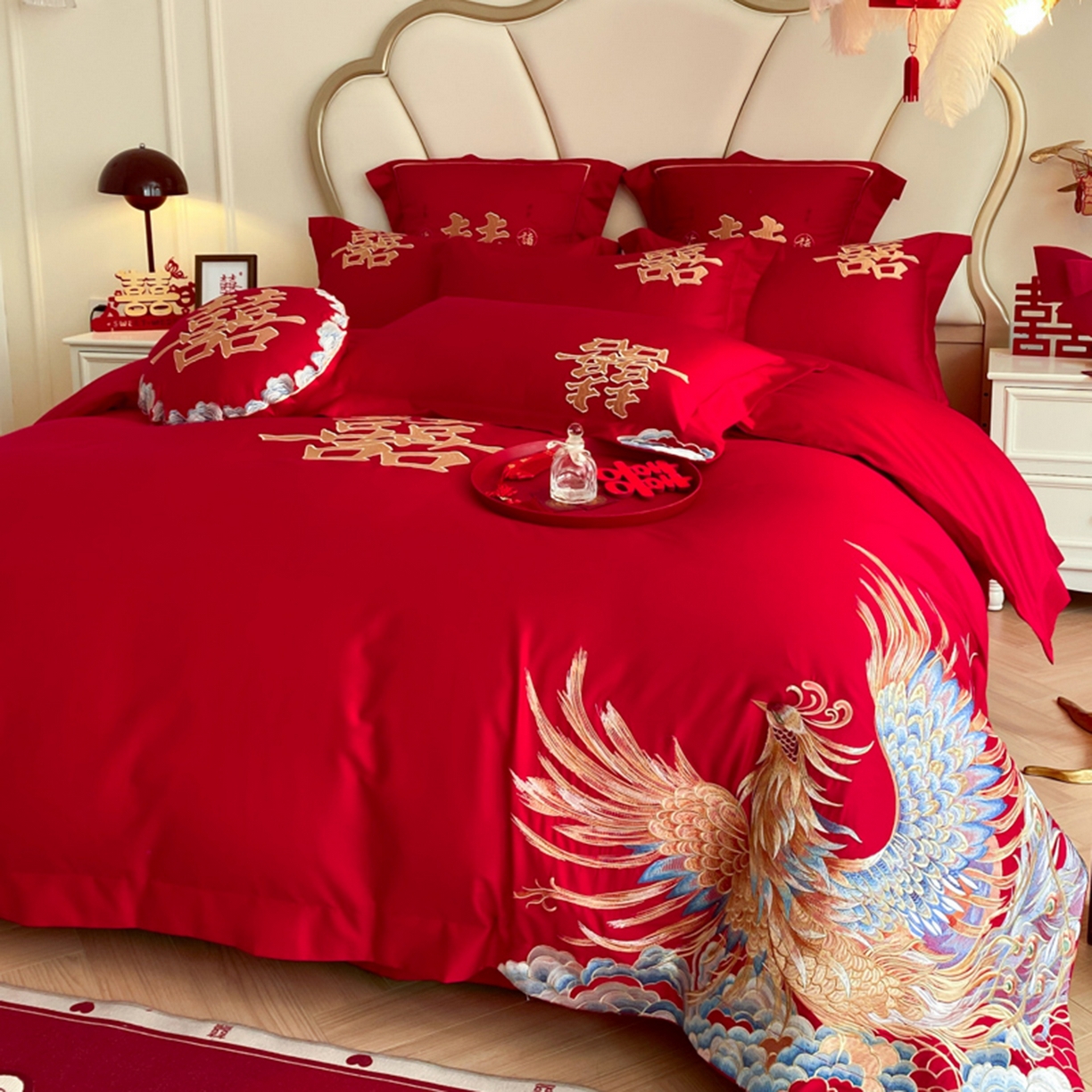 91家纺网 家纺一手货源 找家纺 博纳家纺 2025新款亲肤棉婚庆绣花款四件套 龙凤呈祥