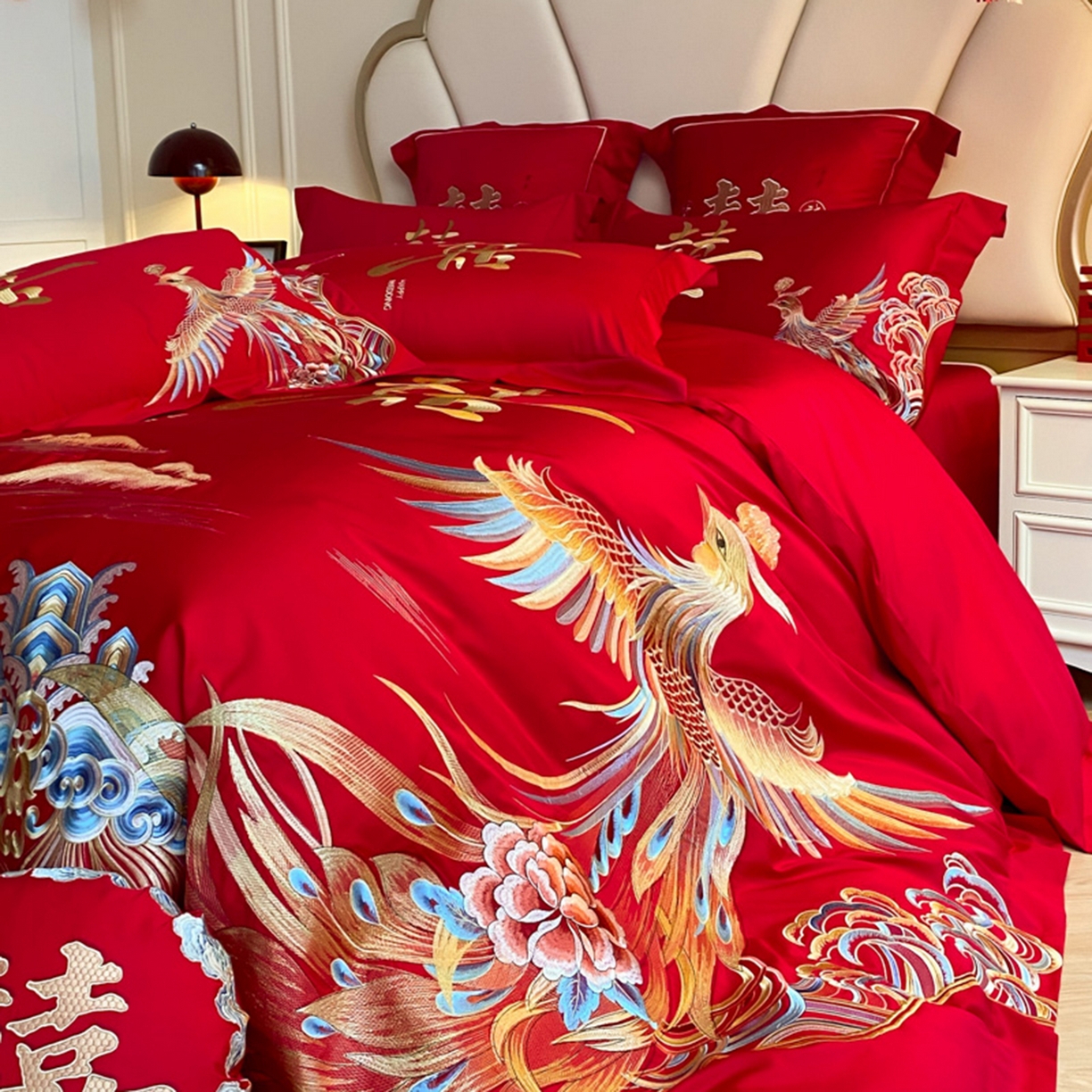 91家纺网 家纺一手货源 找家纺 博纳家纺 2025新款亲肤棉婚庆绣花款四件套 龙凤大喜