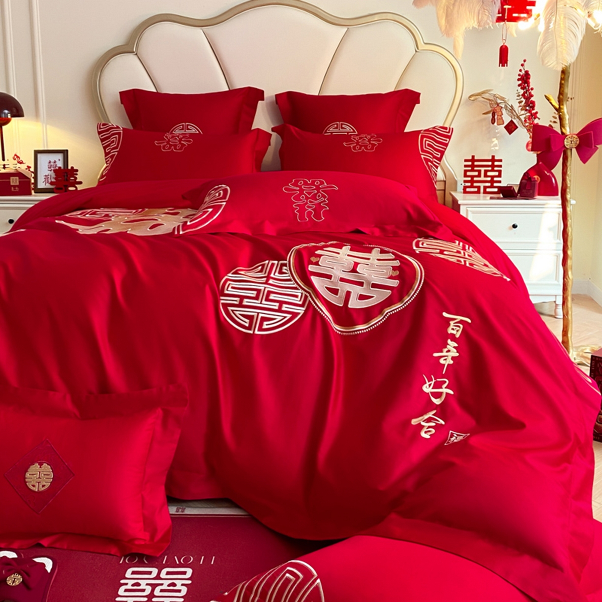 91家纺网 家纺一手货源 找家纺 博纳家纺 2025新款亲肤棉婚庆绣花款四件套 百喜纳福