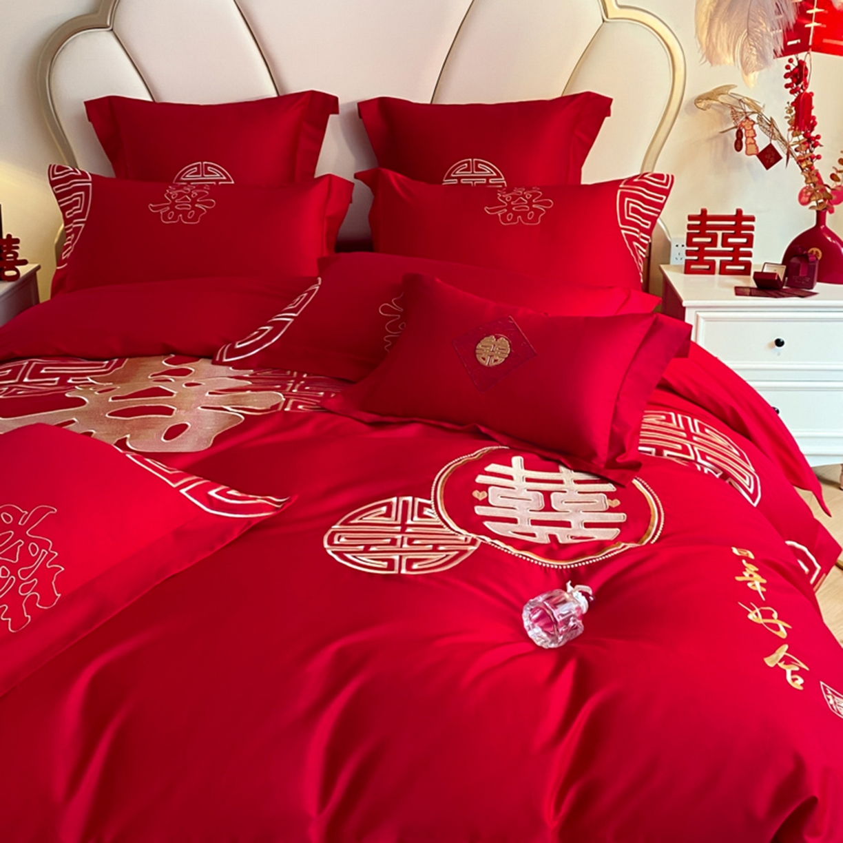 91家纺网 家纺一手货源 找家纺 博纳家纺 2025新款亲肤棉婚庆绣花款四件套 百喜纳福