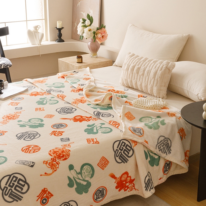 91家纺网 家纺一手货源 找家纺 悦然毛巾被 2025新款300克印花牛奶绒盖毯休闲毯素色毛毯毯子 百福毯玉