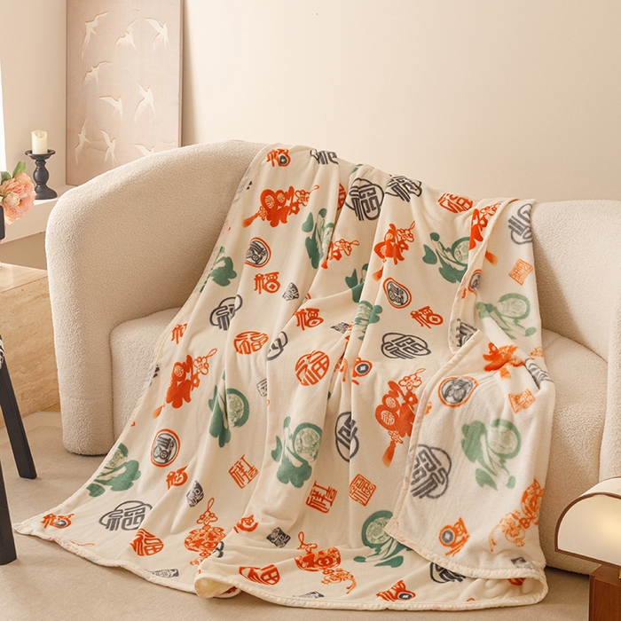 91家纺网 家纺一手货源 找家纺 悦然毛巾被 2025新款300克印花牛奶绒盖毯休闲毯素色毛毯毯子 百福毯玉