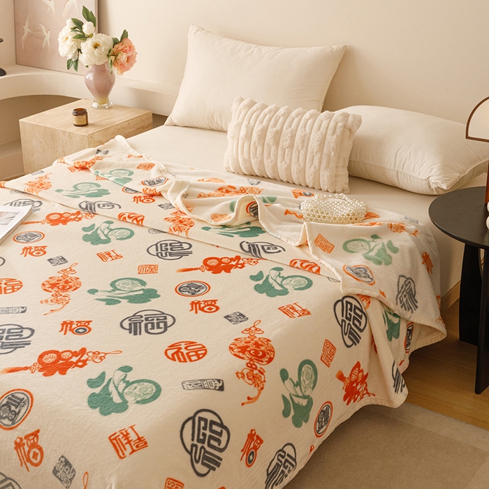 91家纺网 家纺一手货源 找家纺 悦然毛巾被 2025新款300克印花牛奶绒盖毯休闲毯素色毛毯毯子 百福毯玉