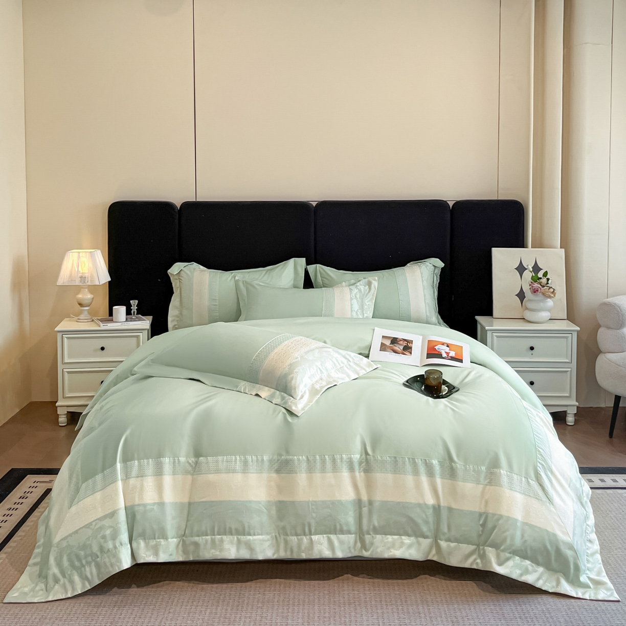 91家纺网 家纺一手货源 找家纺 （总）博纳家纺 2025新款多色色织提花宽边高级简奢款亲肤棉四件套-纸落云烟,纸落云烟-繁星蓝,纸落云烟-粉玉,纸落云烟-高级灰,纸落云烟-浅灰,纸落云烟-香槟