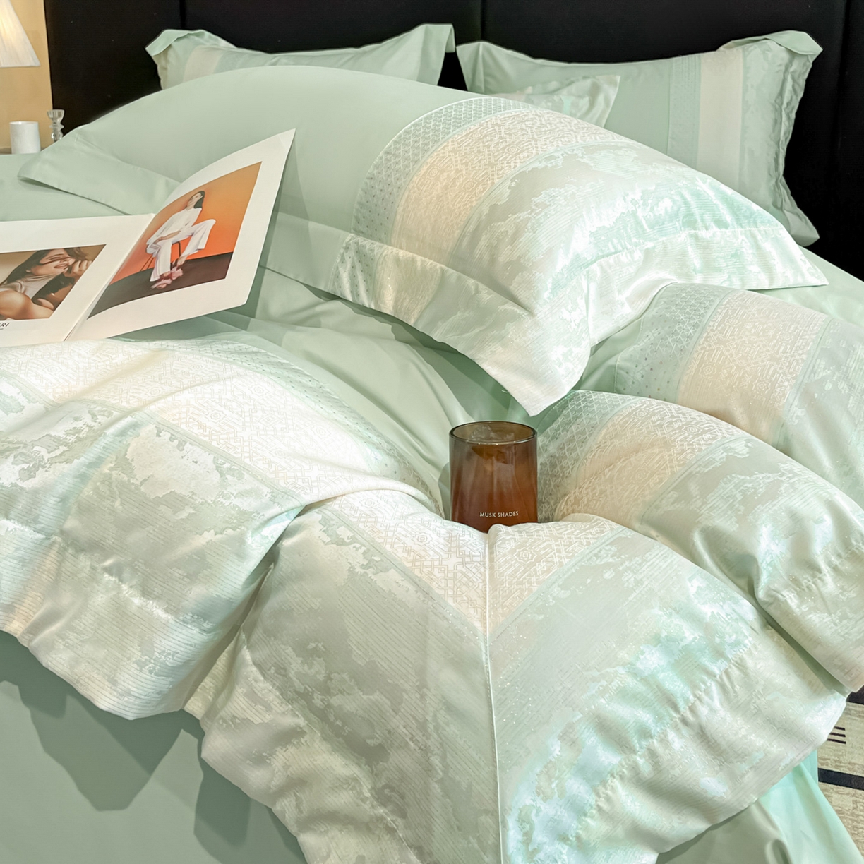 91家纺网 家纺一手货源 找家纺 （总）博纳家纺 2025新款多色色织提花宽边高级简奢款亲肤棉四件套-纸落云烟