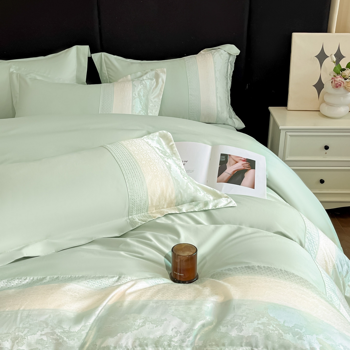 91家纺网 家纺一手货源 找家纺 （总）博纳家纺 2025新款多色色织提花宽边高级简奢款亲肤棉四件套-纸落云烟