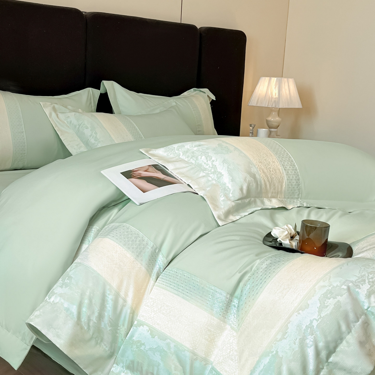 91家纺网 家纺一手货源 找家纺 （总）博纳家纺 2025新款多色色织提花宽边高级简奢款亲肤棉四件套-纸落云烟