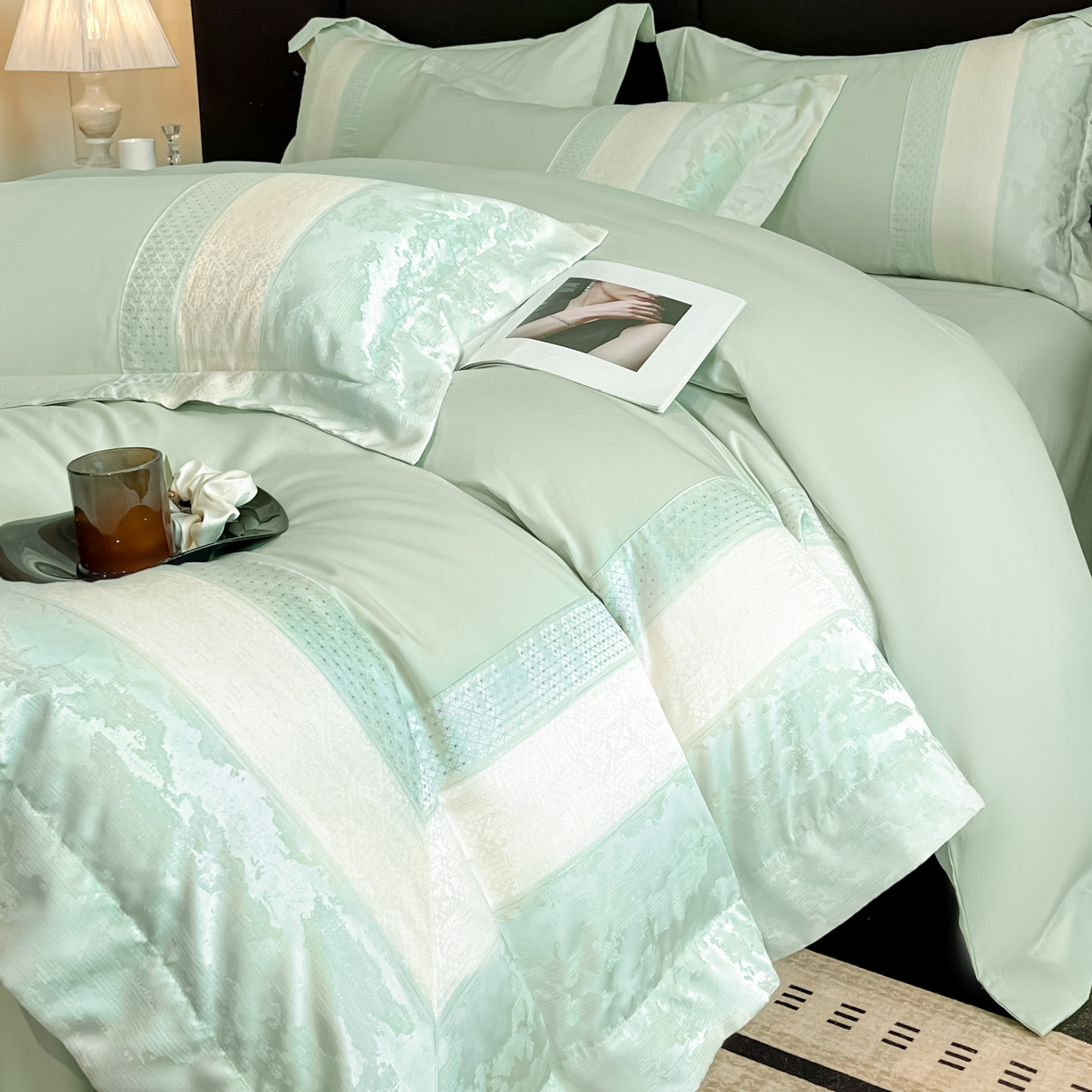 91家纺网 家纺一手货源 找家纺 （总）博纳家纺 2025新款多色色织提花宽边高级简奢款亲肤棉四件套-纸落云烟