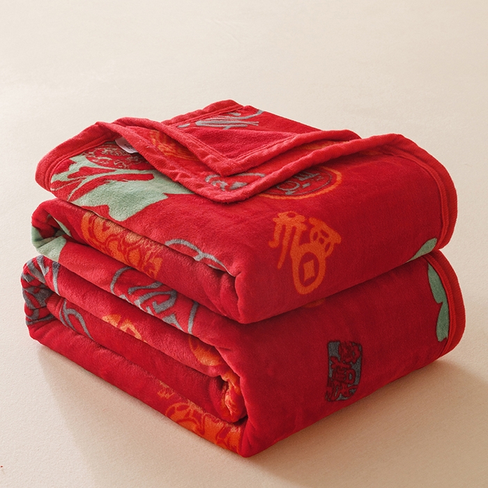 悦然毛巾被 2025新款300克印花牛奶绒盖毯休闲毯素色毛毯毯子 百福毯红