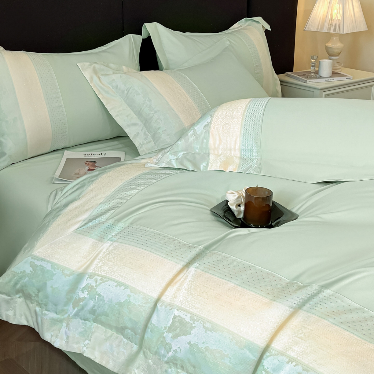 91家纺网 家纺一手货源 找家纺 （总）博纳家纺 2025新款多色色织提花宽边高级简奢款亲肤棉四件套-纸落云烟