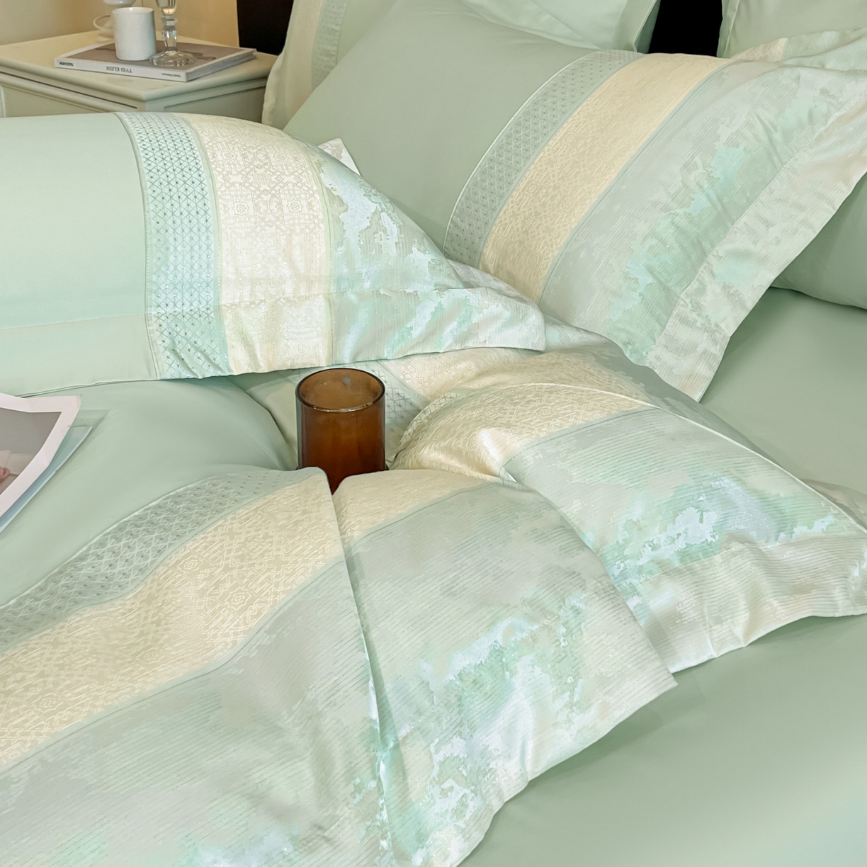 91家纺网 家纺一手货源 找家纺 （总）博纳家纺 2025新款多色色织提花宽边高级简奢款亲肤棉四件套-纸落云烟