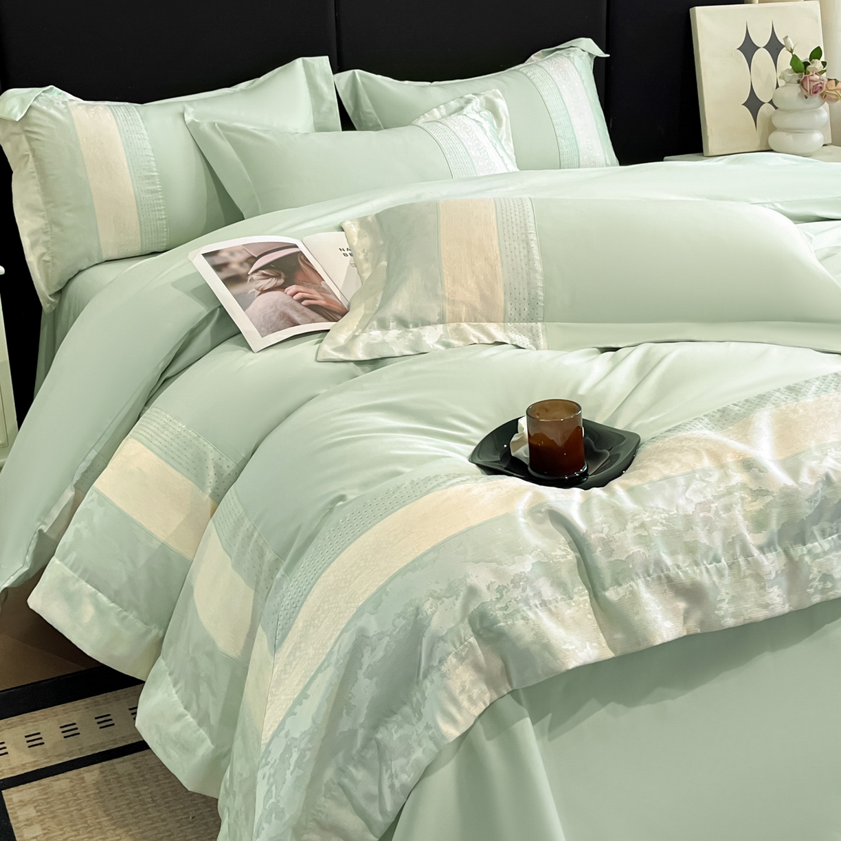 91家纺网 家纺一手货源 找家纺 （总）博纳家纺 2025新款多色色织提花宽边高级简奢款亲肤棉四件套-纸落云烟