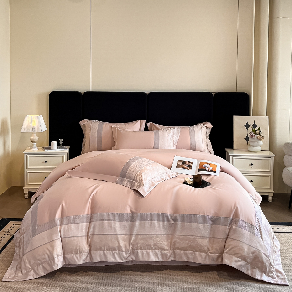 91家纺网 家纺一手货源 找家纺 （总）博纳家纺 2025新款多色色织提花宽边高级简奢款亲肤棉四件套-纸落云烟