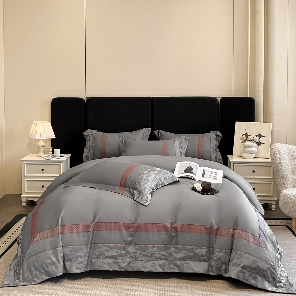 91家纺网 家纺一手货源 找家纺 （总）博纳家纺 2025新款多色色织提花宽边高级简奢款亲肤棉四件套-纸落云烟