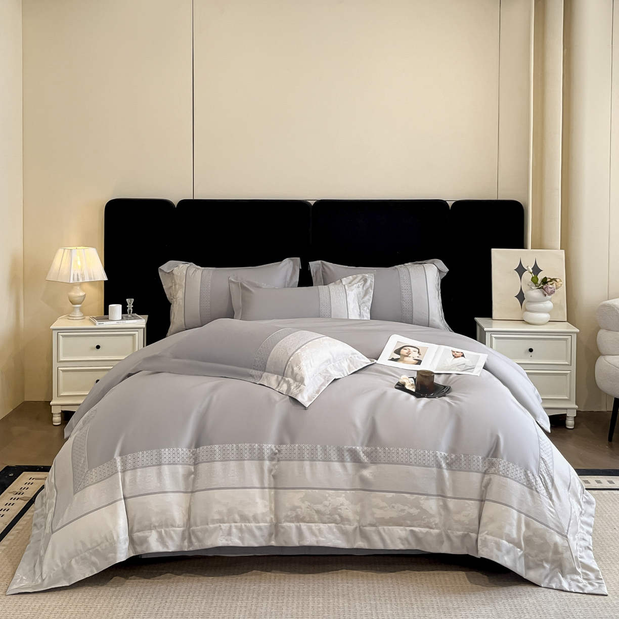 91家纺网 家纺一手货源 找家纺 （总）博纳家纺 2025新款多色色织提花宽边高级简奢款亲肤棉四件套-纸落云烟