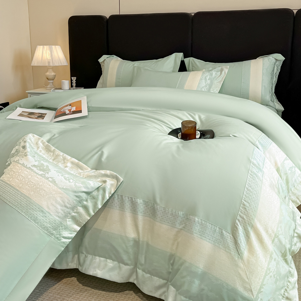 91家纺网 家纺一手货源 找家纺 博纳家纺 2025新款多色色织提花宽边高级简奢款亲肤棉四件套-纸落云烟 纸落云烟-繁星蓝