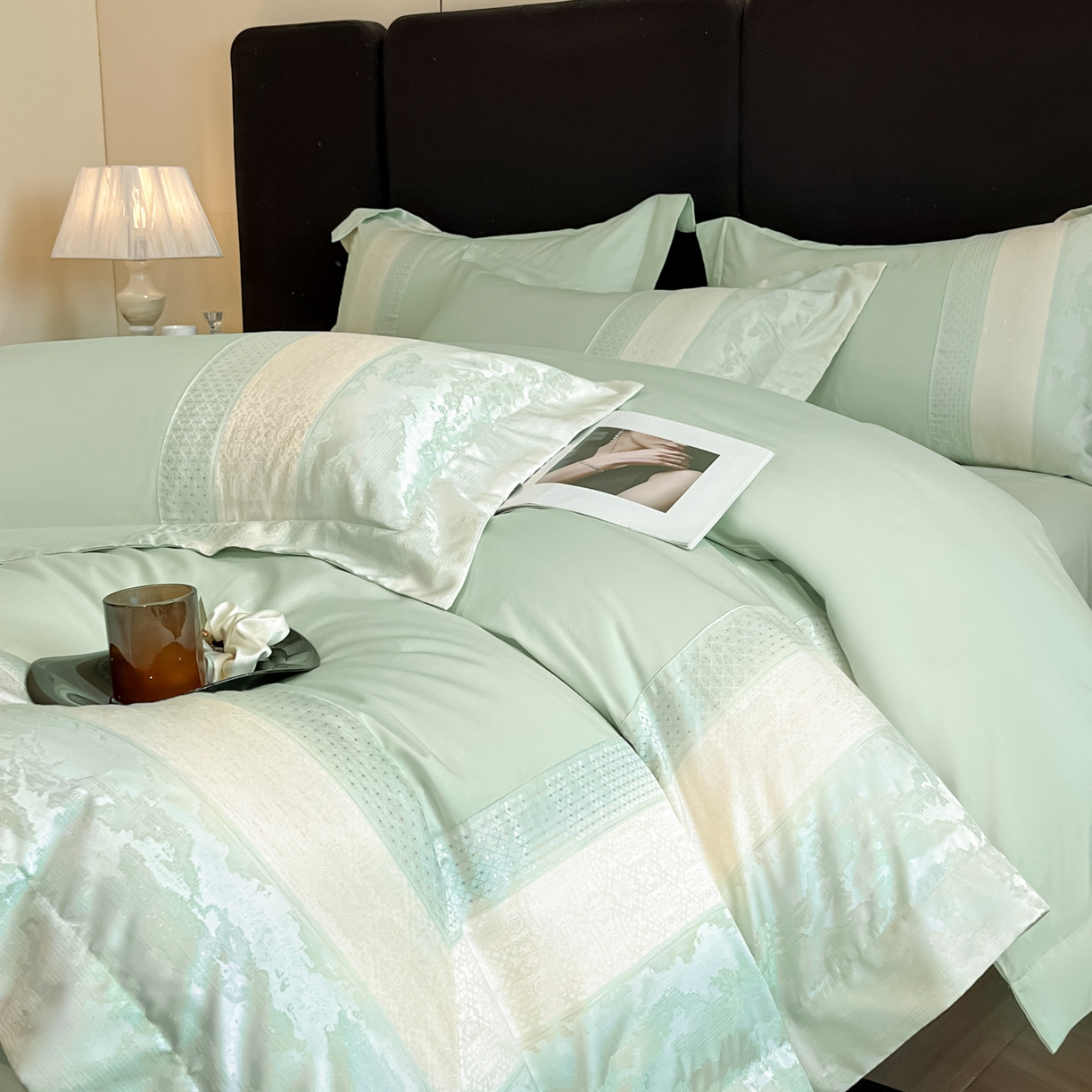 91家纺网 家纺一手货源 找家纺 博纳家纺 2025新款多色色织提花宽边高级简奢款亲肤棉四件套-纸落云烟 纸落云烟-繁星蓝