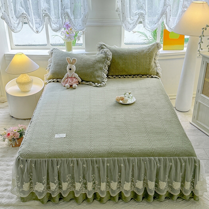 美达家纺 2025新款牛奶绒纯色夹棉床裙 牛奶绒夹棉床裙-绿