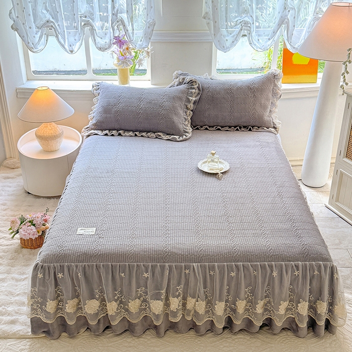 美达家纺 2025新款牛奶绒纯色夹棉床裙 牛奶绒夹棉床裙-灰