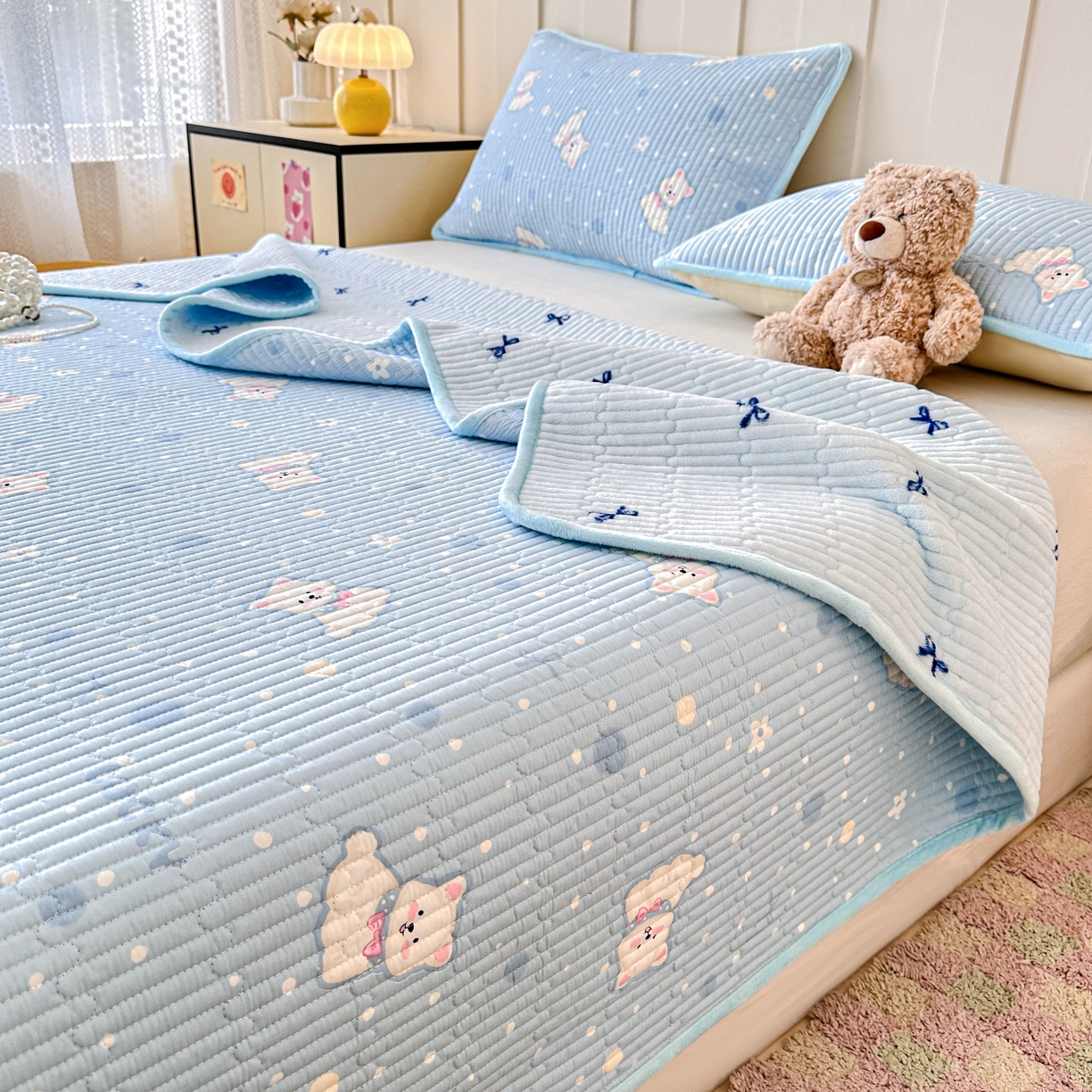 91家纺网 家纺一手货源 找家纺 （总）岚吉家纺 2025新款全棉133*72宝宝绒棉加绒一面纯棉一面牛奶绒双面可用单床盖学生床床垫 床盖单件