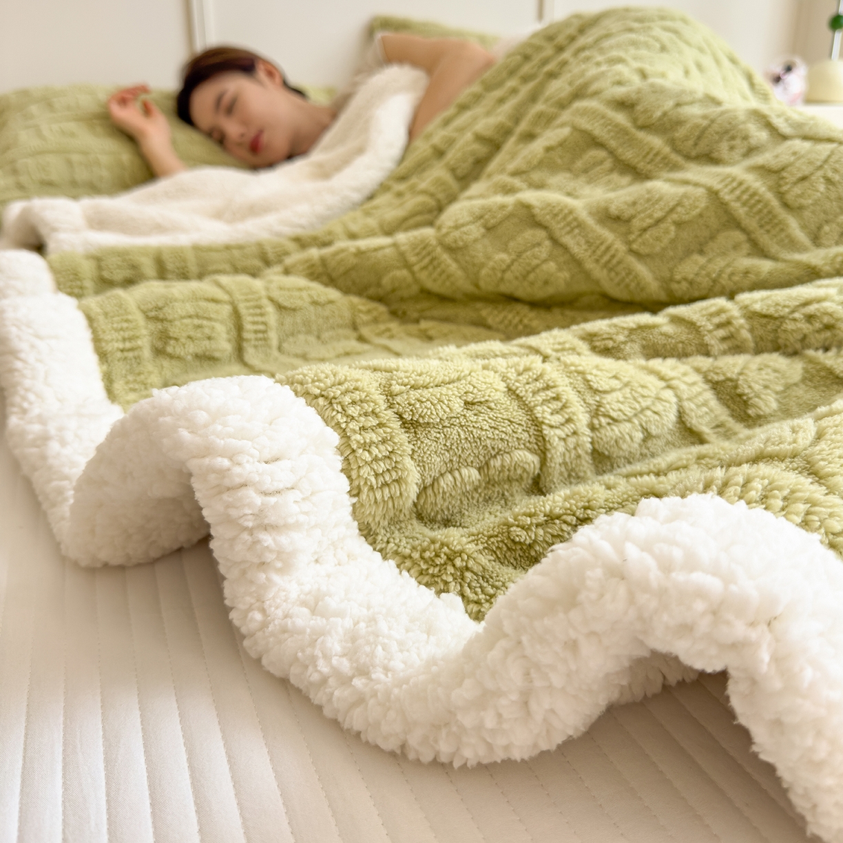 91家纺网 家纺一手货源 找家纺 世纪绒品 2025新款多宝熊羊羔绒双层毛毯 多宝熊-果绿