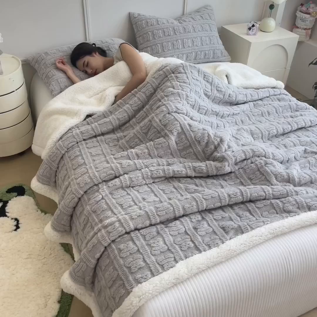 91家纺网 家纺一手货源 找家纺 世纪绒品 2025新款多宝熊羊羔绒双层毛毯 多宝熊-太空灰
