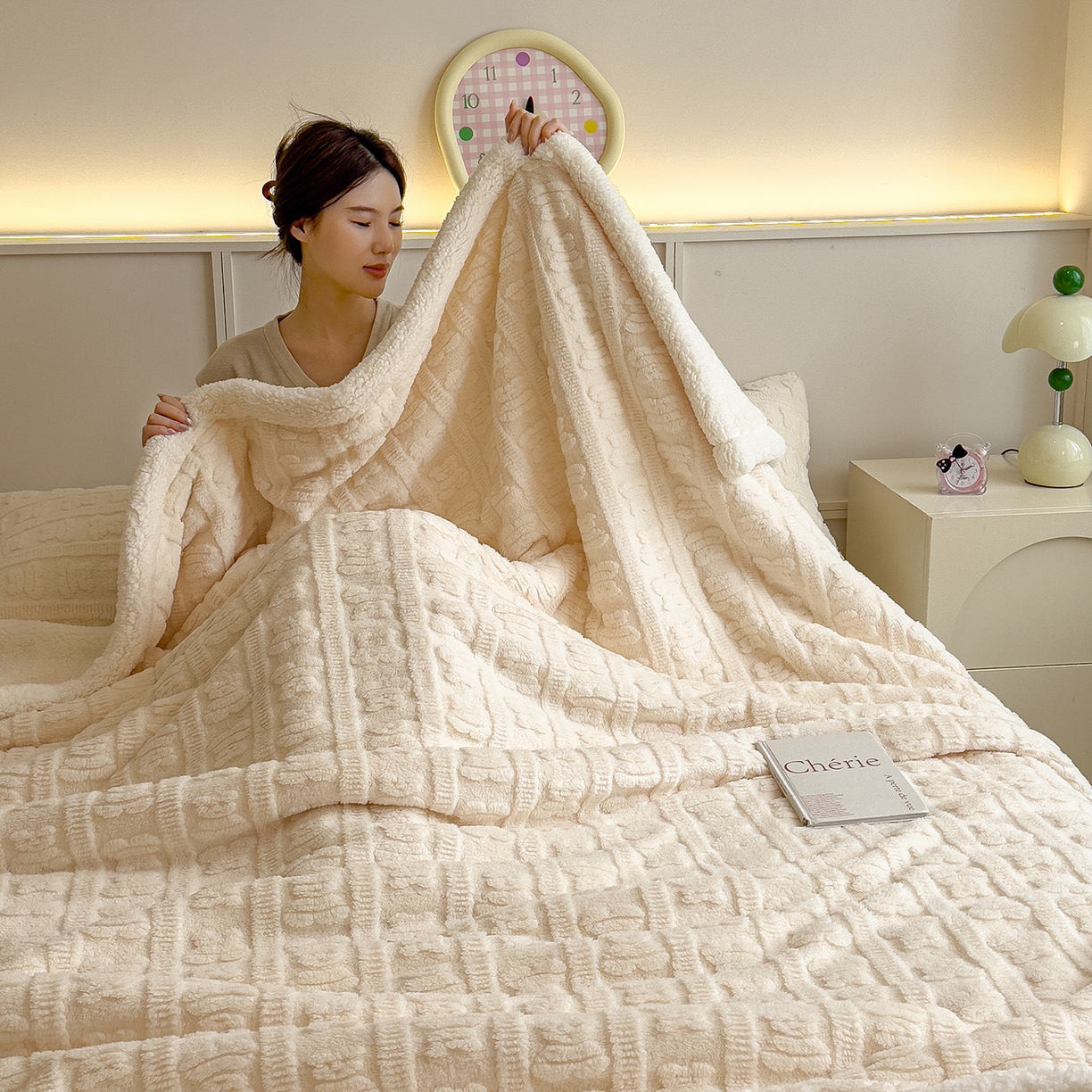 91家纺网 家纺一手货源 找家纺 世纪绒品 2025新款多宝熊羊羔绒双层毛毯 多宝熊-月牙白