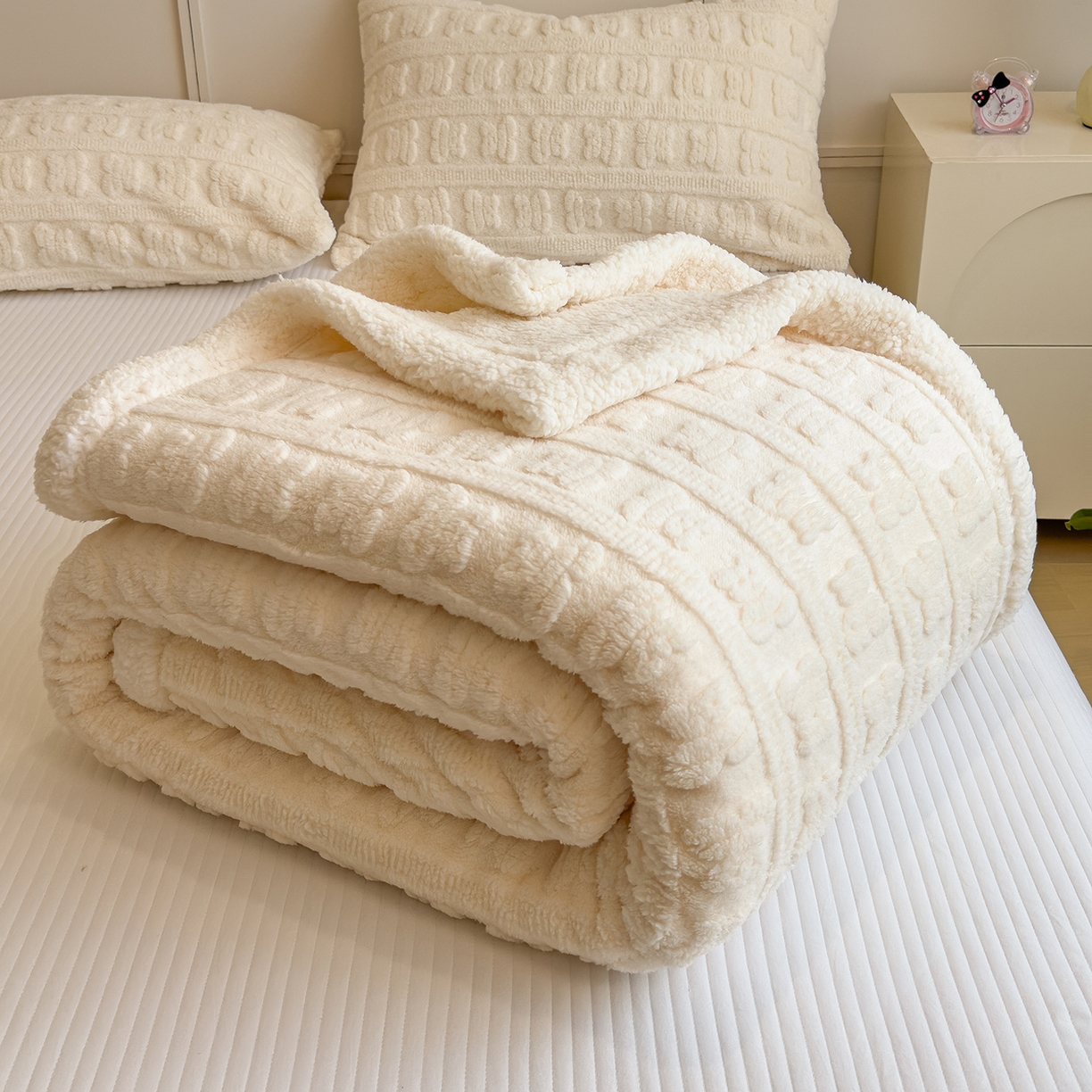 91家纺网 家纺一手货源 找家纺 世纪绒品 2025新款多宝熊羊羔绒双层毛毯 多宝熊-月牙白