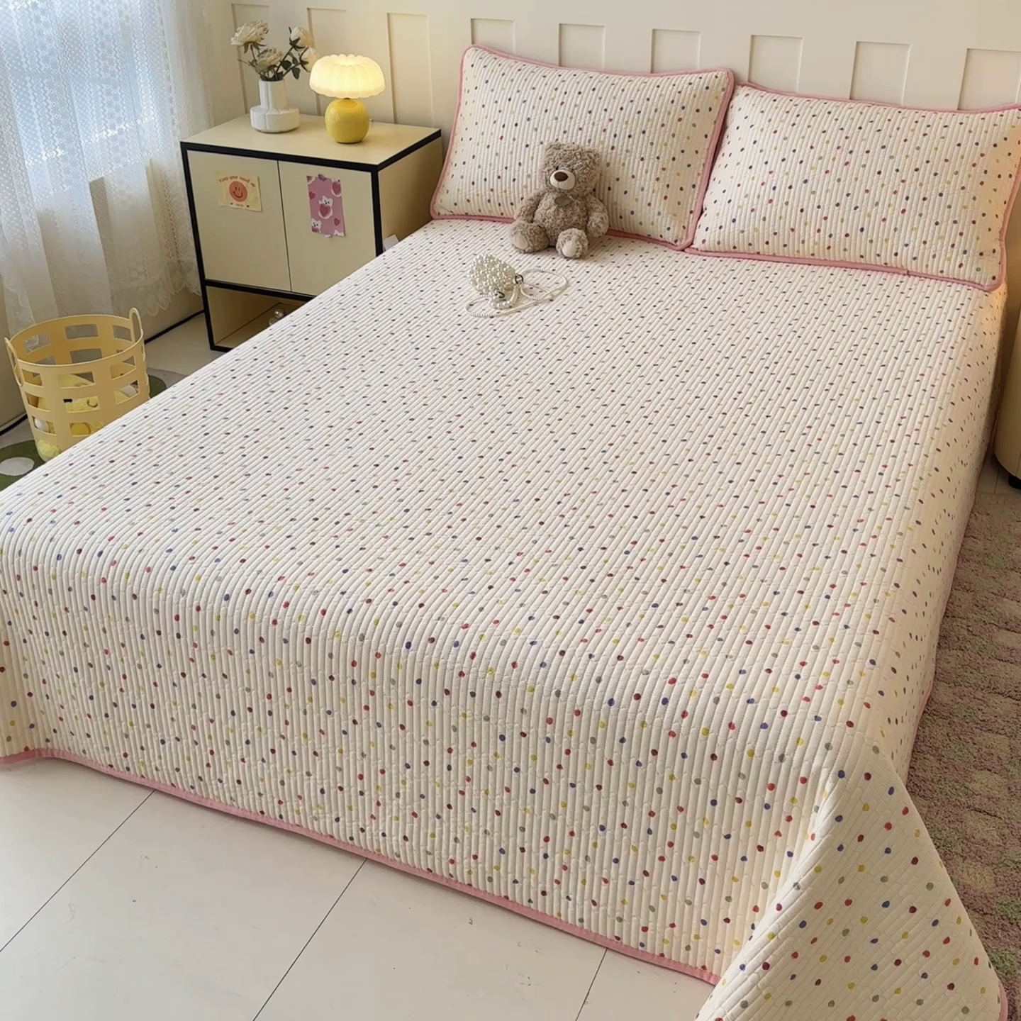 91家纺网 家纺一手货源 找家纺 岚吉家纺 2025新款全棉133*72宝宝绒棉加绒一面纯棉一面牛奶绒双面可用单床盖学生床床垫 床盖单件 奶油波点