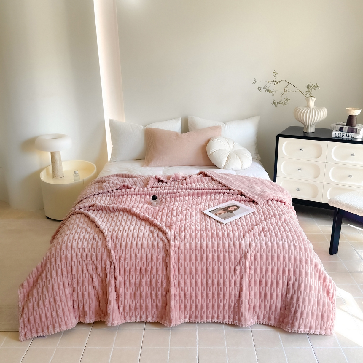 穆琪 2025新款高克重竹节绒毛毯兔毛绒办公家用多功能毯子 珊瑚粉