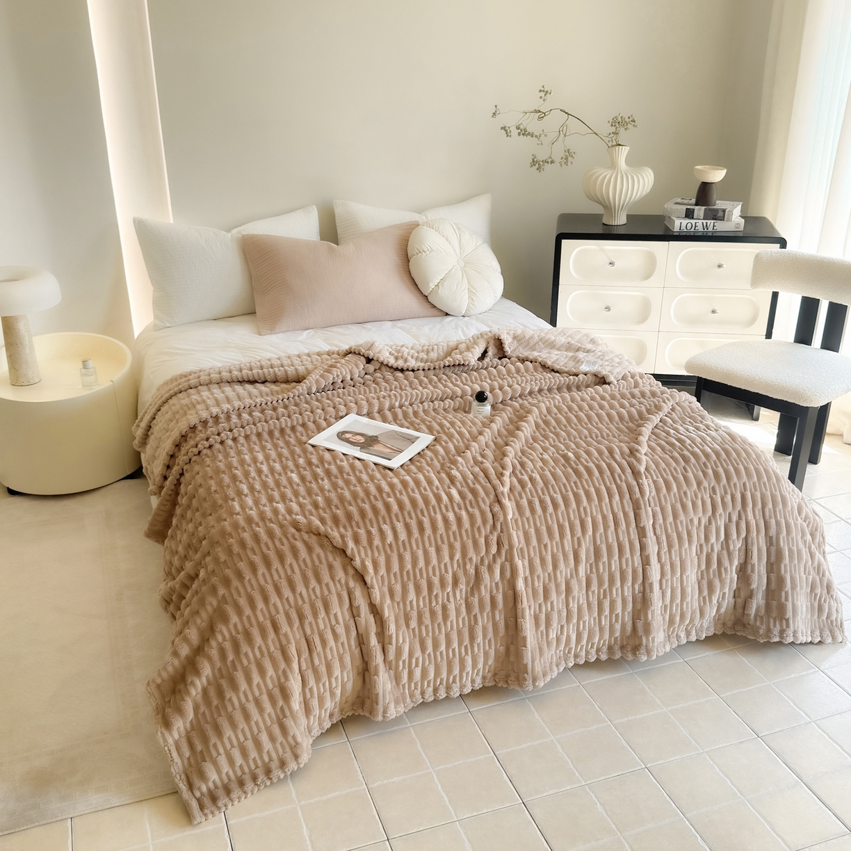 91家纺网 家纺一手货源 找家纺 穆琪 2025新款高克重竹节绒毛毯兔毛绒办公家用多功能毯子 奶茶棕