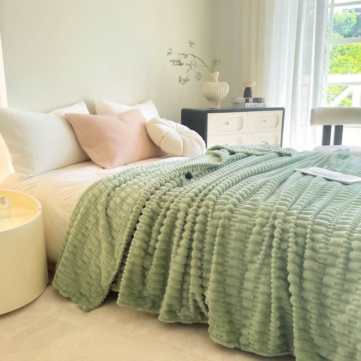 91家纺网 家纺一手货源 找家纺 穆琪 2025新款高克重竹节绒毛毯兔毛绒办公家用多功能毯子 青竹绿