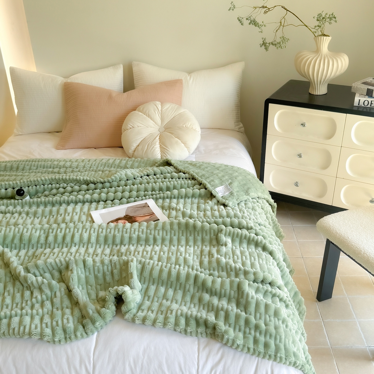 91家纺网 家纺一手货源 找家纺 穆琪 2025新款高克重竹节绒毛毯兔毛绒办公家用多功能毯子 青竹绿