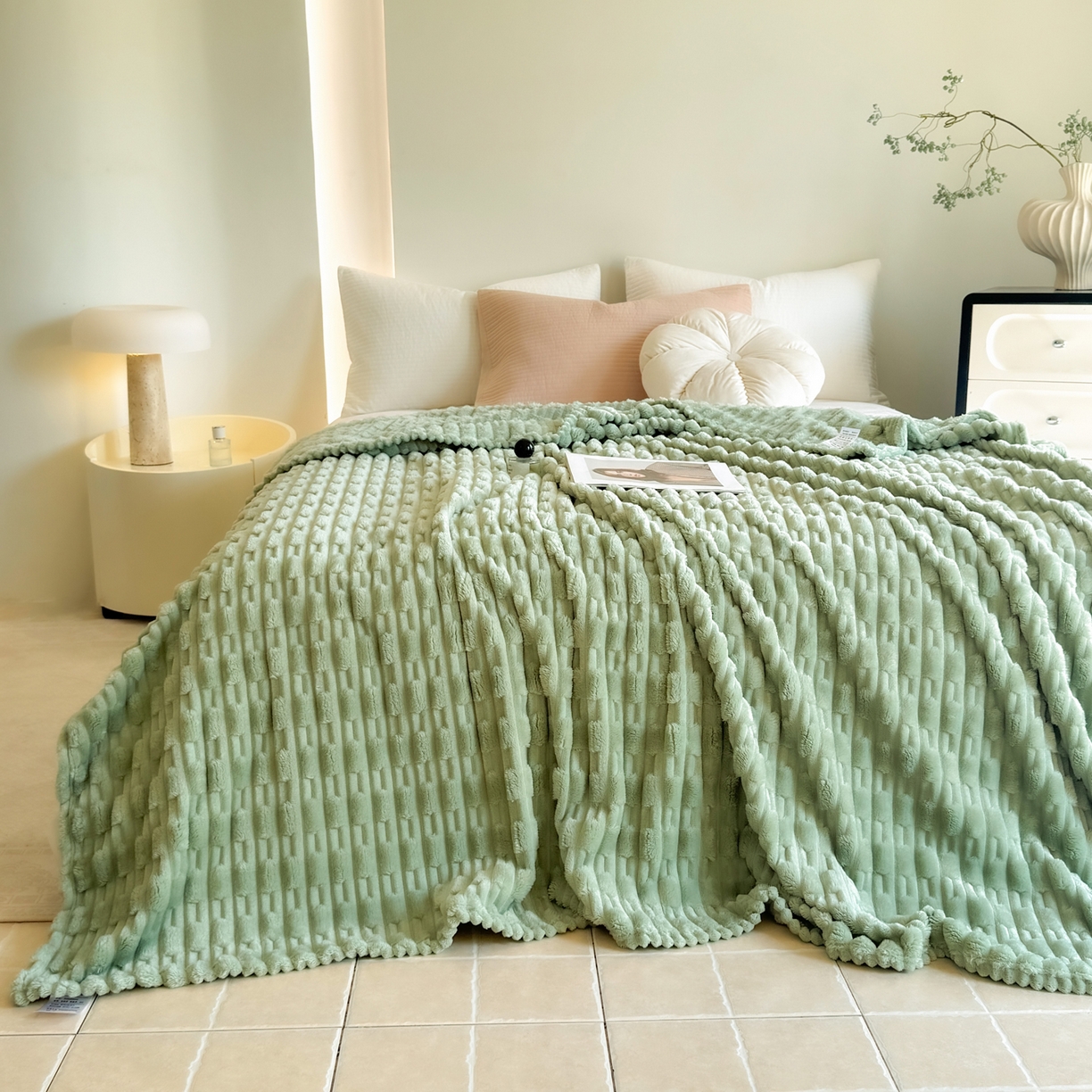 91家纺网 家纺一手货源 找家纺 穆琪 2025新款高克重竹节绒毛毯兔毛绒办公家用多功能毯子 青竹绿