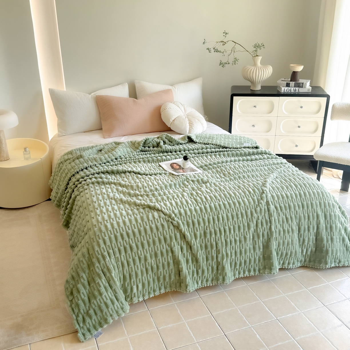 91家纺网 家纺一手货源 找家纺 穆琪 2025新款高克重竹节绒毛毯兔毛绒办公家用多功能毯子 青竹绿