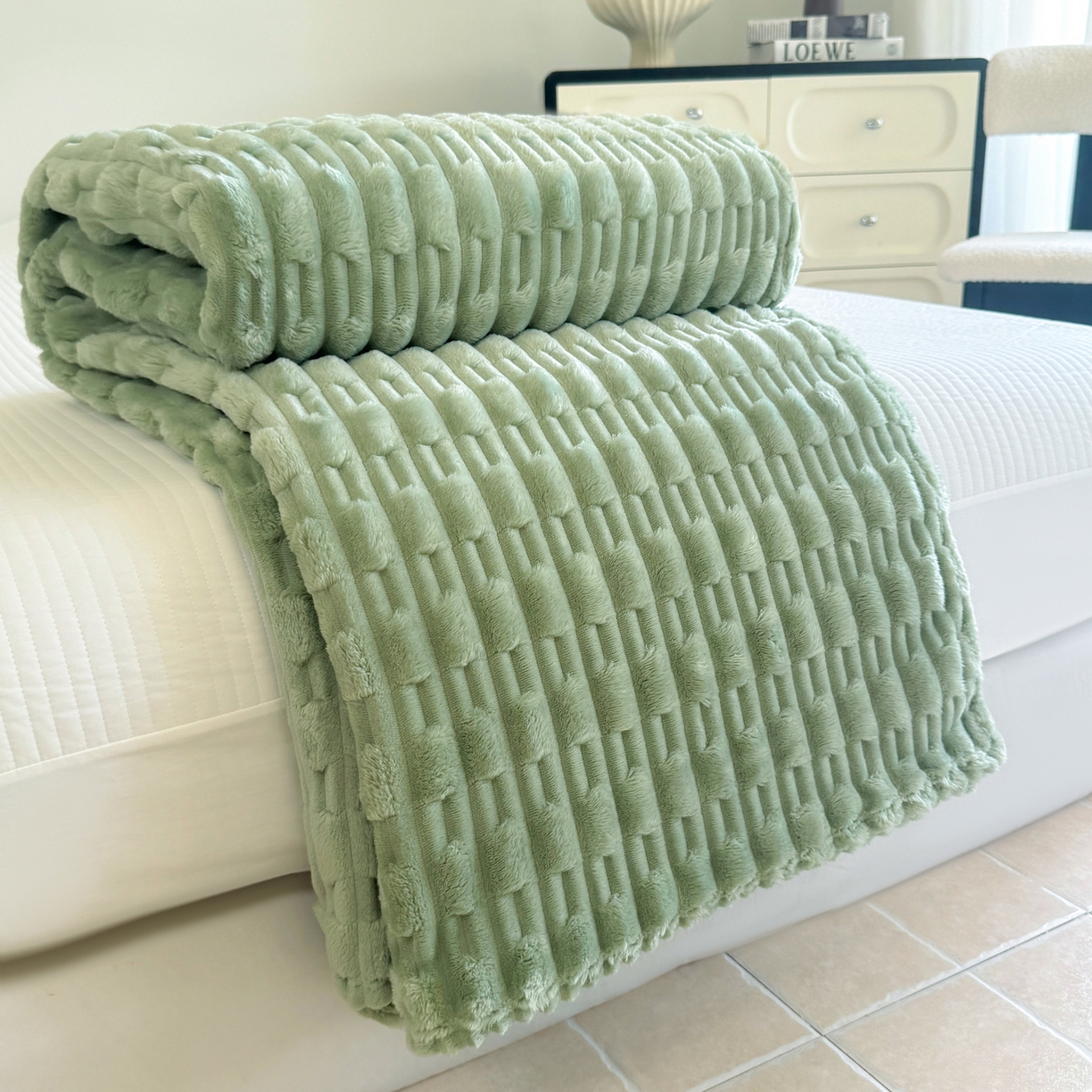 91家纺网 家纺一手货源 找家纺 穆琪 2025新款高克重竹节绒毛毯兔毛绒办公家用多功能毯子 青竹绿