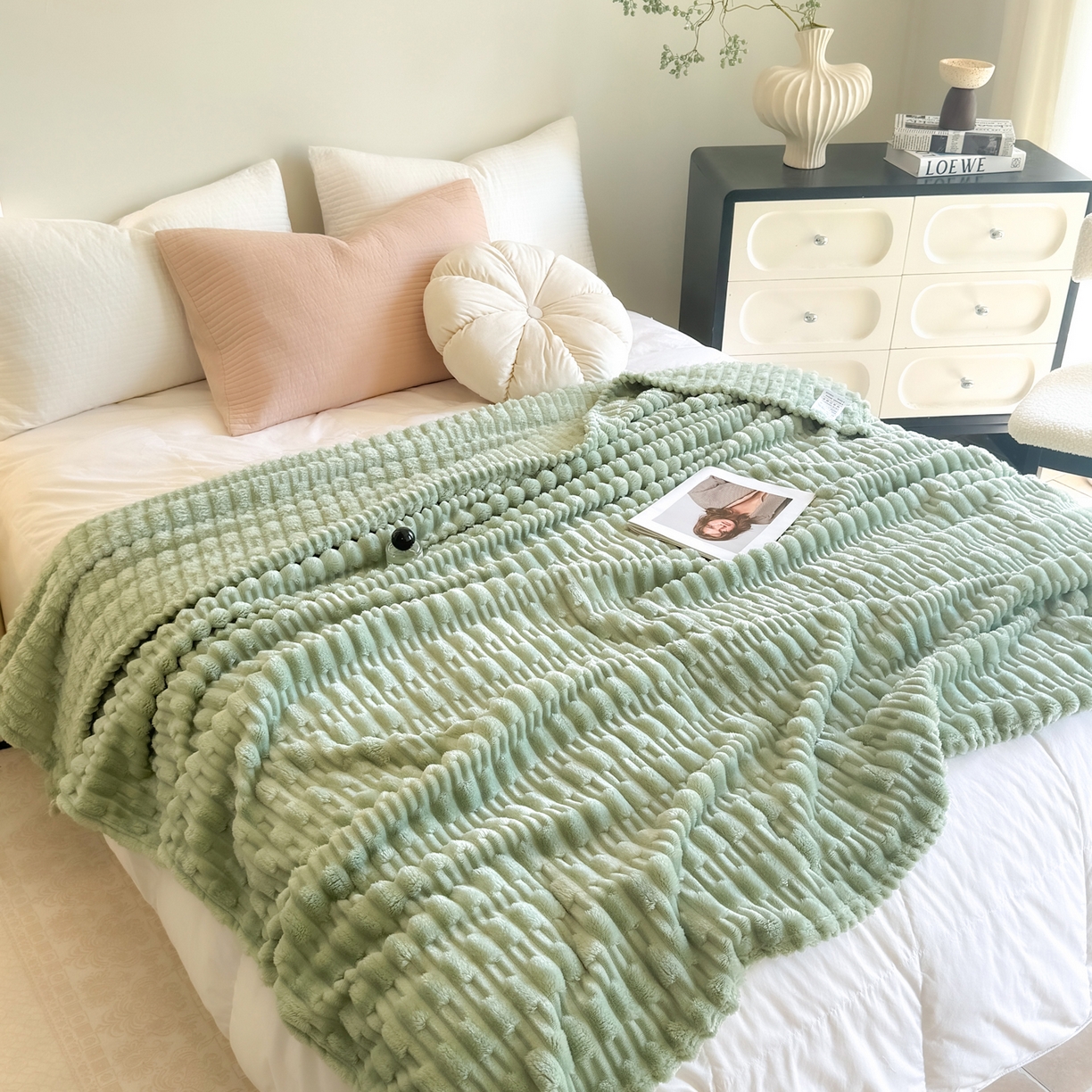 91家纺网 家纺一手货源 找家纺 穆琪 2025新款高克重竹节绒毛毯兔毛绒办公家用多功能毯子 青竹绿