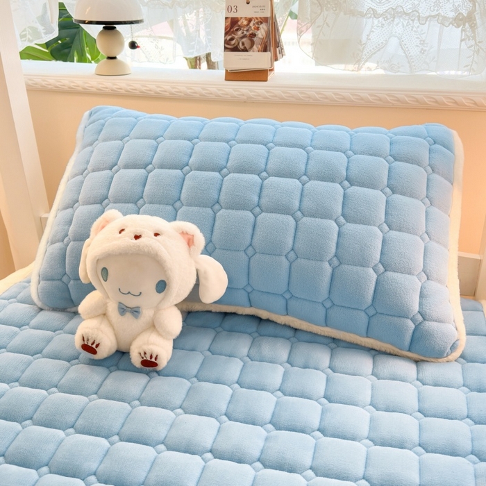 91家纺网 家纺一手货源 找家纺 爱屋及屋 2025新款牛奶绒毛巾绣床垫-学生床 luck狗-天空蓝