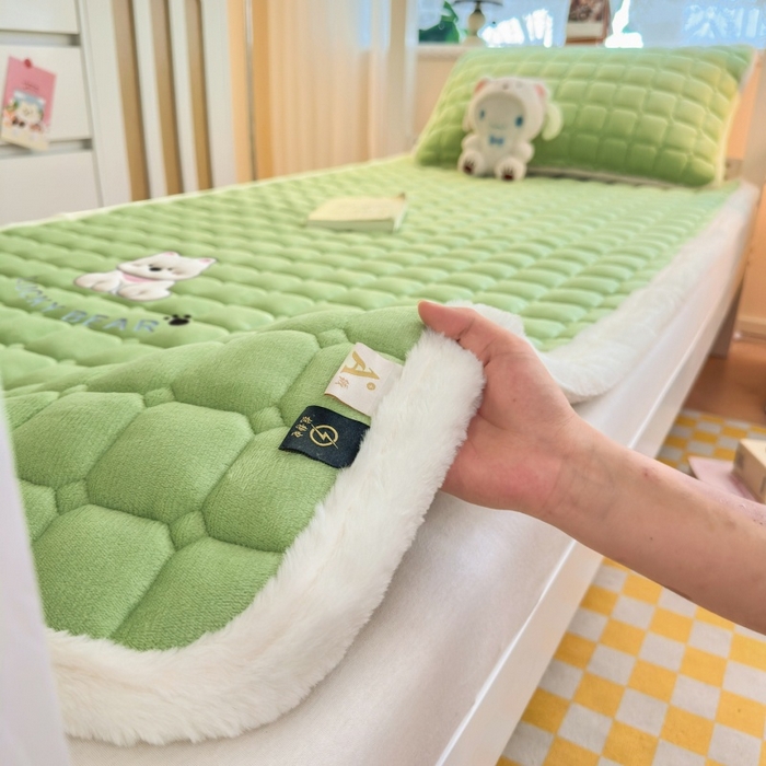 91家纺网 家纺一手货源 找家纺 爱屋及屋 2025新款牛奶绒毛巾绣床垫-学生床 luck狗-草绿