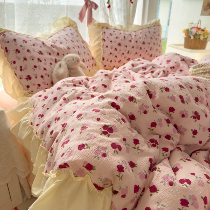 91家纺网 家纺一手货源 找家纺 （总）思诺羽床笠 2025新款开学季法式花边A类双层纱木棉四件套