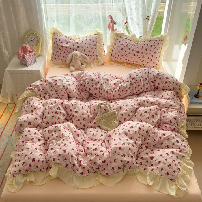 91家纺网 家纺一手货源 找家纺 （总）思诺羽床笠 2025新款开学季法式花边A类双层纱木棉四件套