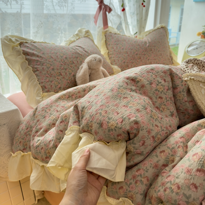 91家纺网 家纺一手货源 找家纺 （总）思诺羽床笠 2025新款开学季法式花边A类双层纱木棉四件套