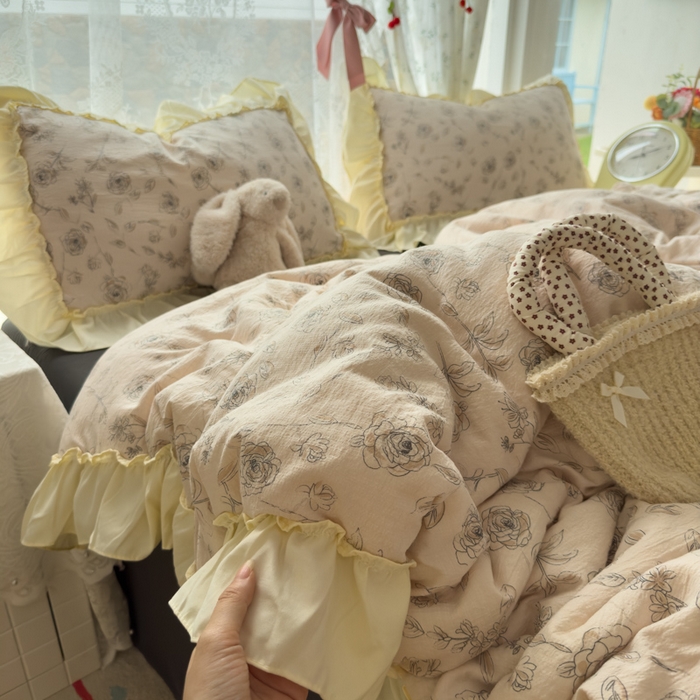 91家纺网 家纺一手货源 找家纺 （总）思诺羽床笠 2025新款开学季法式花边A类双层纱木棉四件套